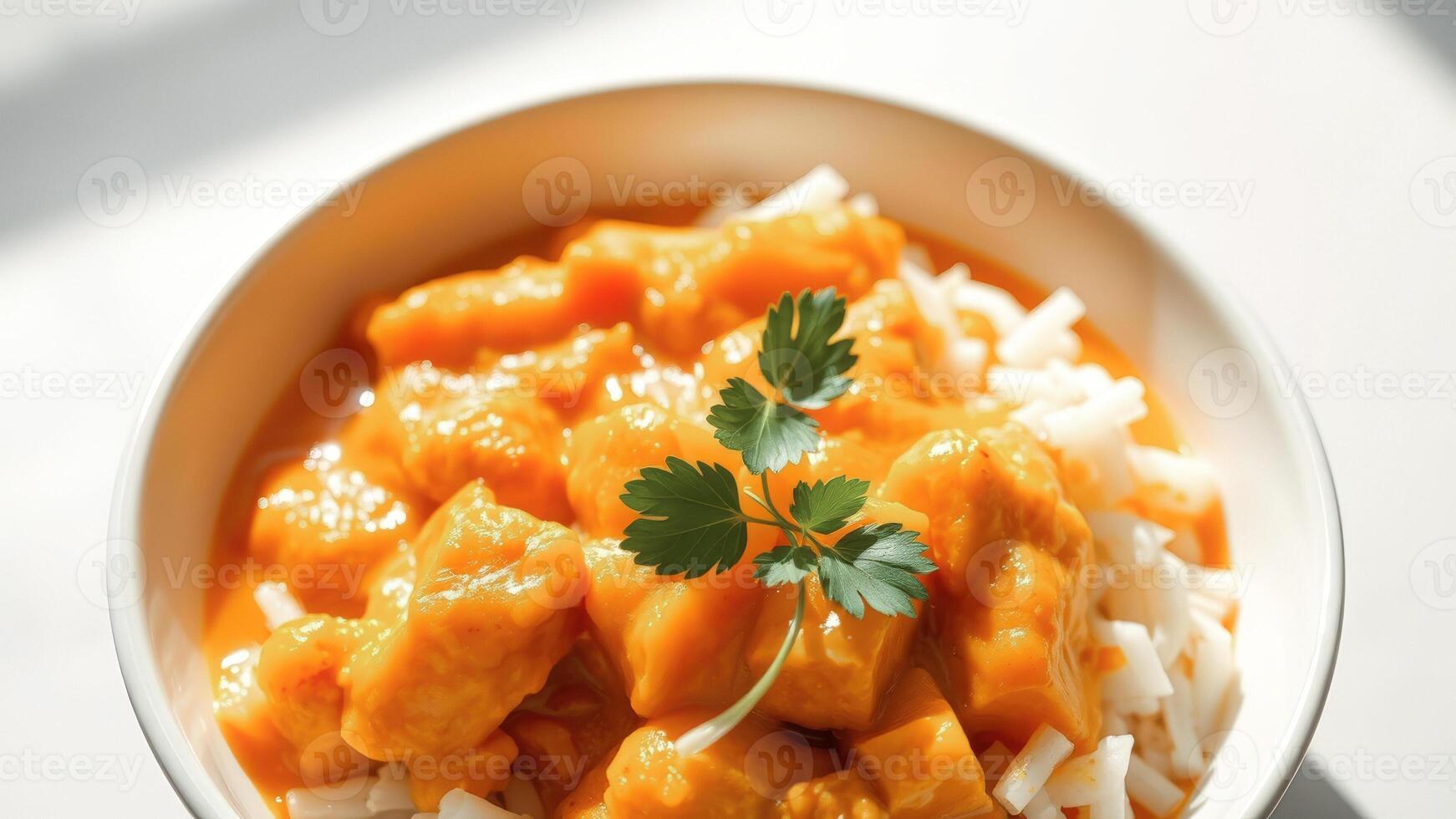 Close-up of Butternut Squash Curry in White Bowl with Parsley Garnish photo