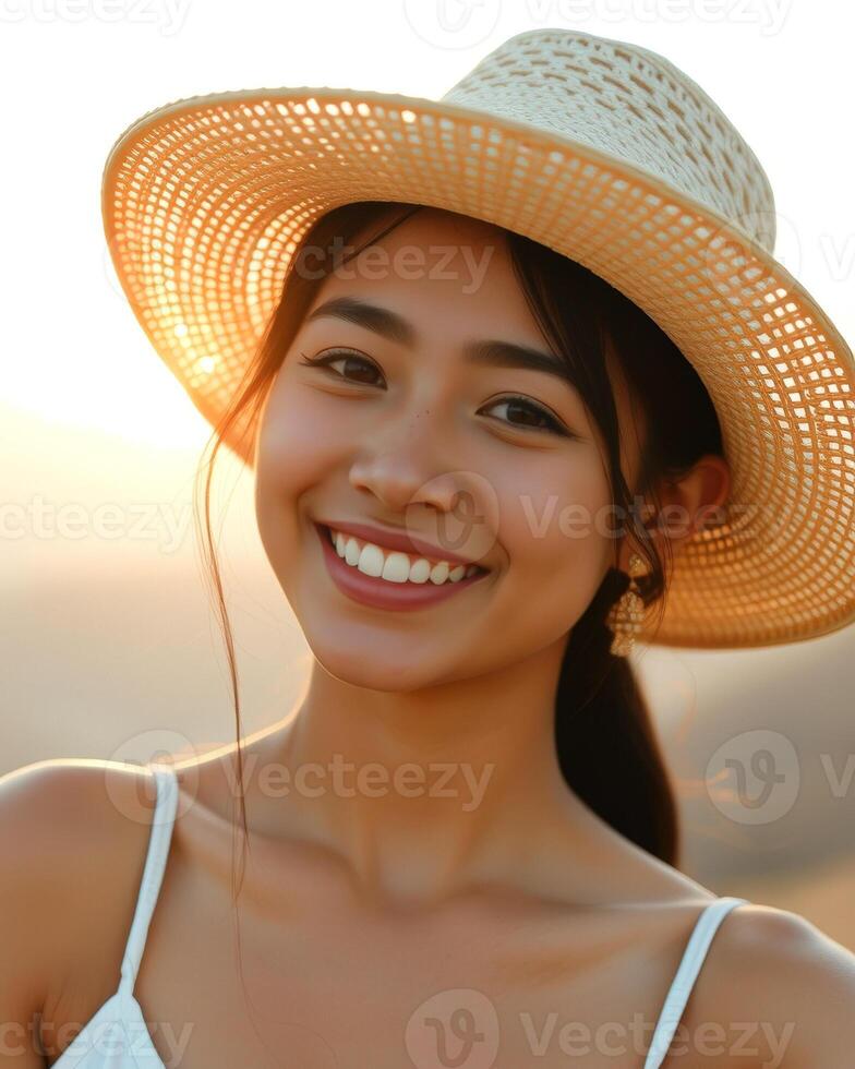 Portrait of a beautiful woman wearing a straw hat photo