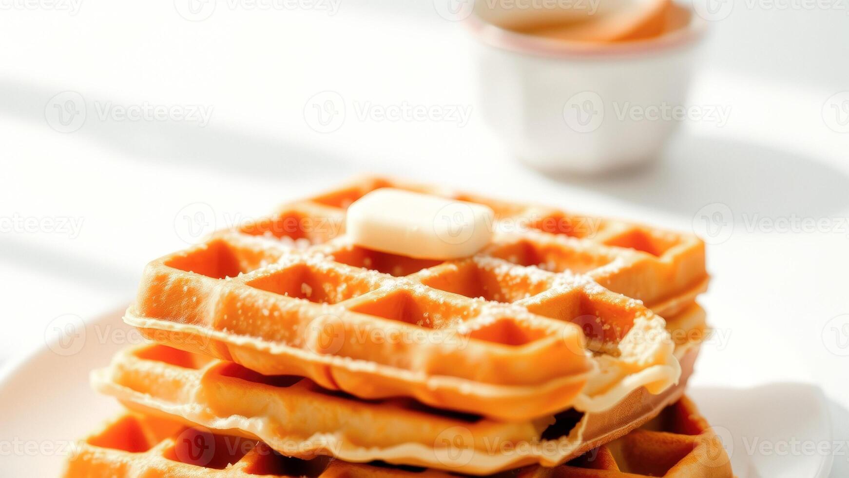 Close-up of a stack of waffles with butter and powdered sugar on a white background photo