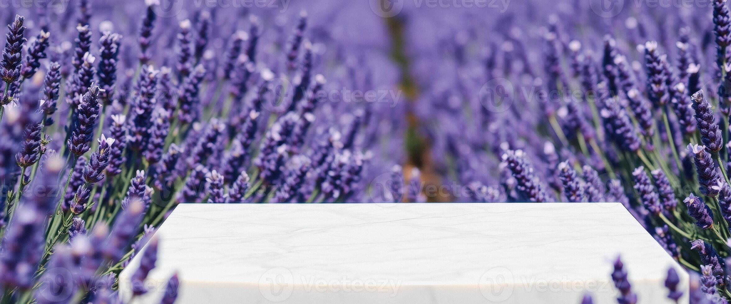 Marble Tabletop with Lavender Field Background photo