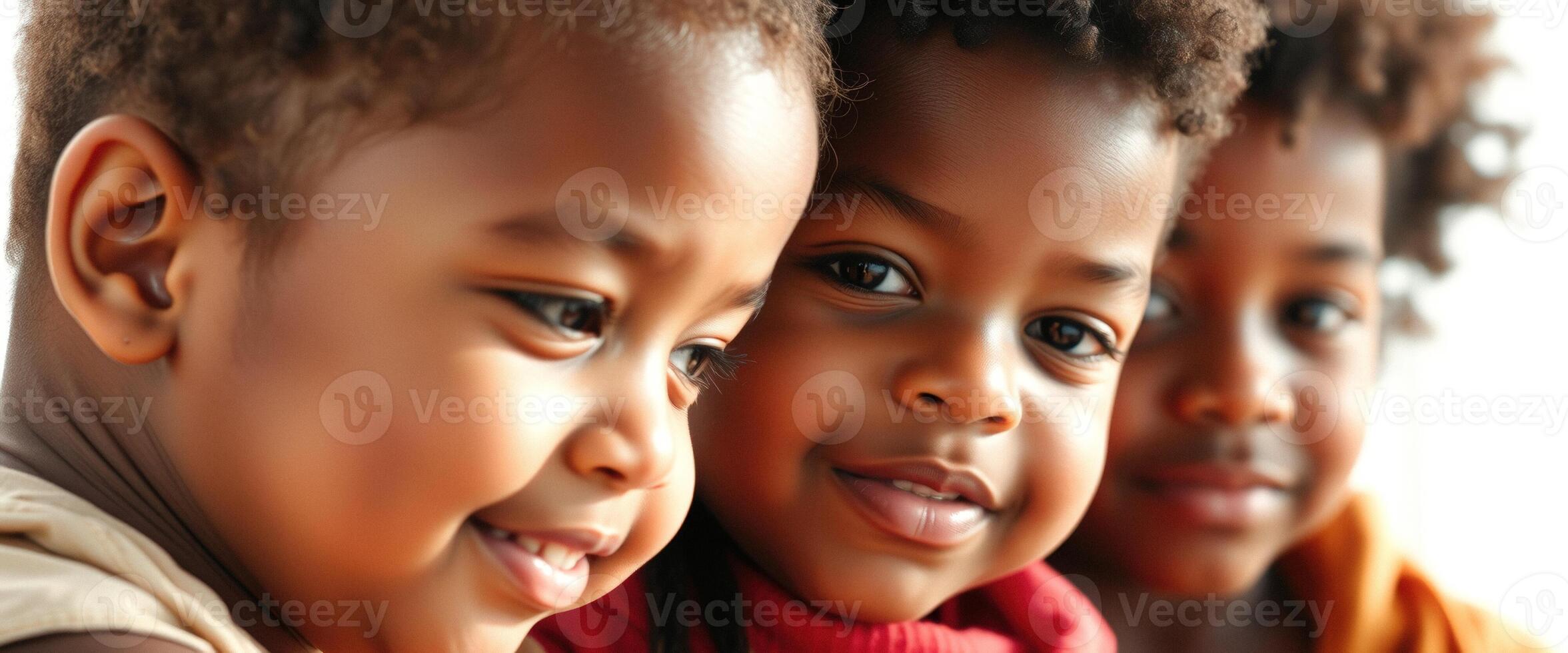 Close-up portrait of three smiling children photo