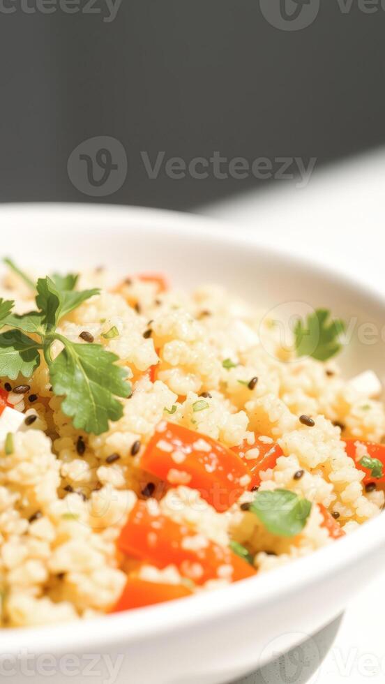Closeup of a bowl of couscous with red pepper and parsley photo