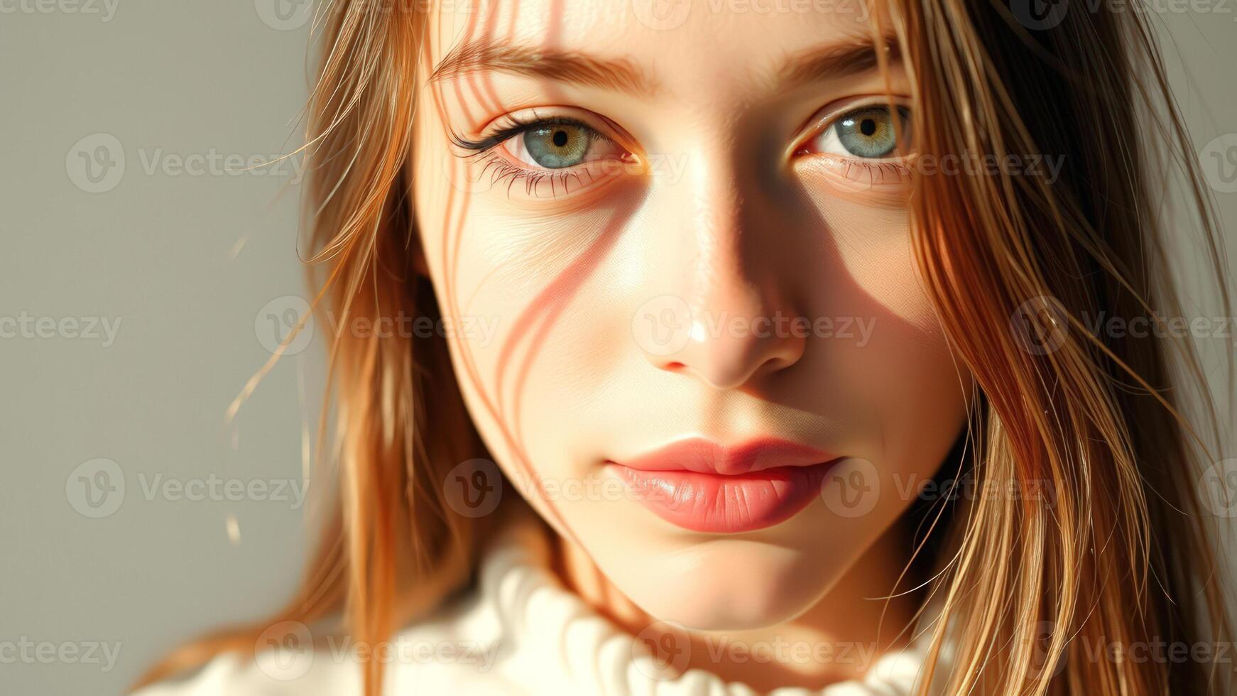 Closeup Portrait of a Young Woman with Long Blonde Hair and Blue Eyes photo