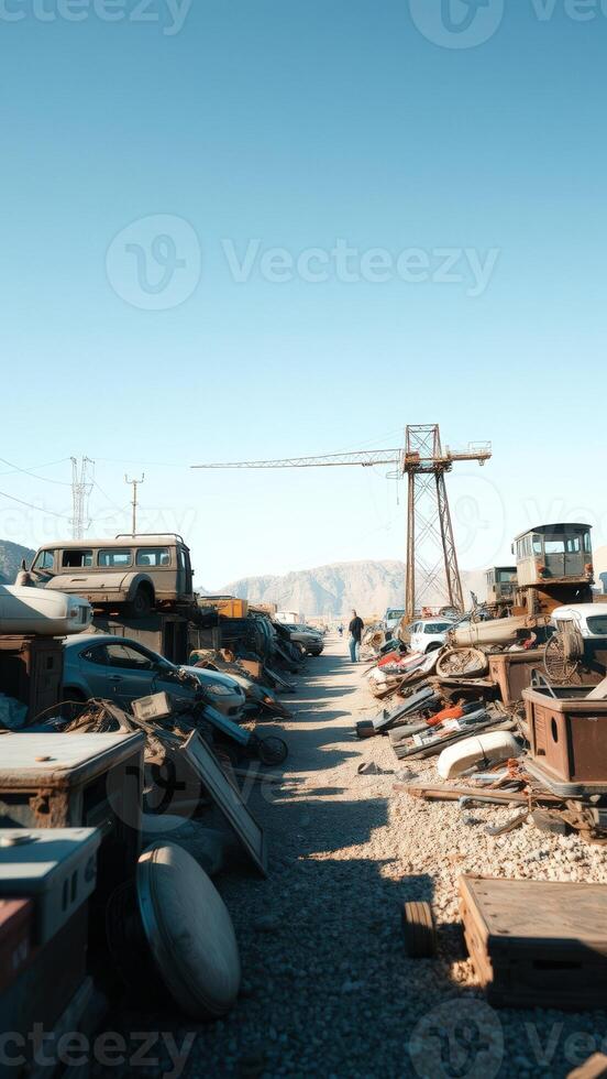 A junkyard with a crane and a mountain in the background photo