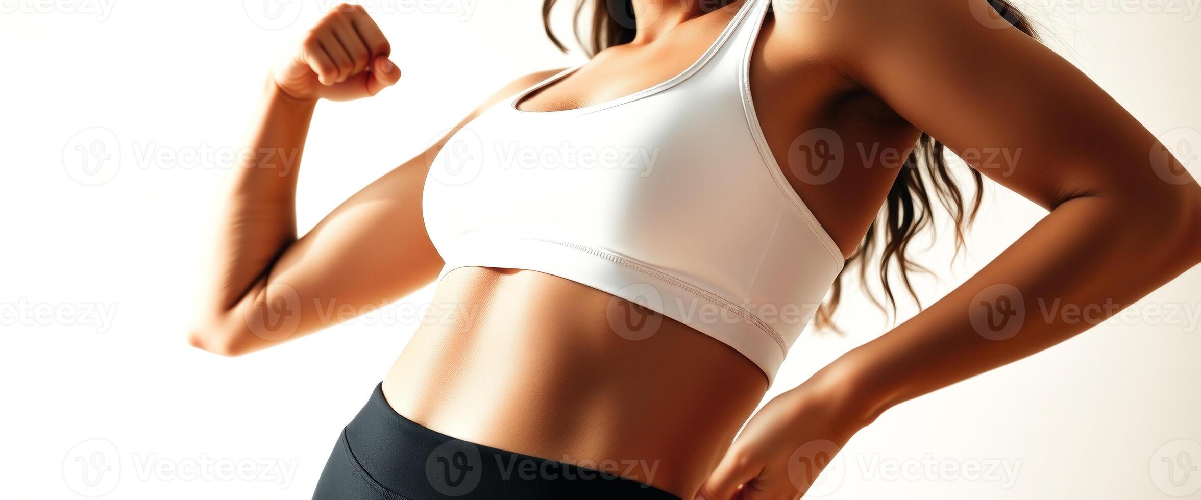 Fit and Toned Woman in White Sports Bra and Black Leggings photo
