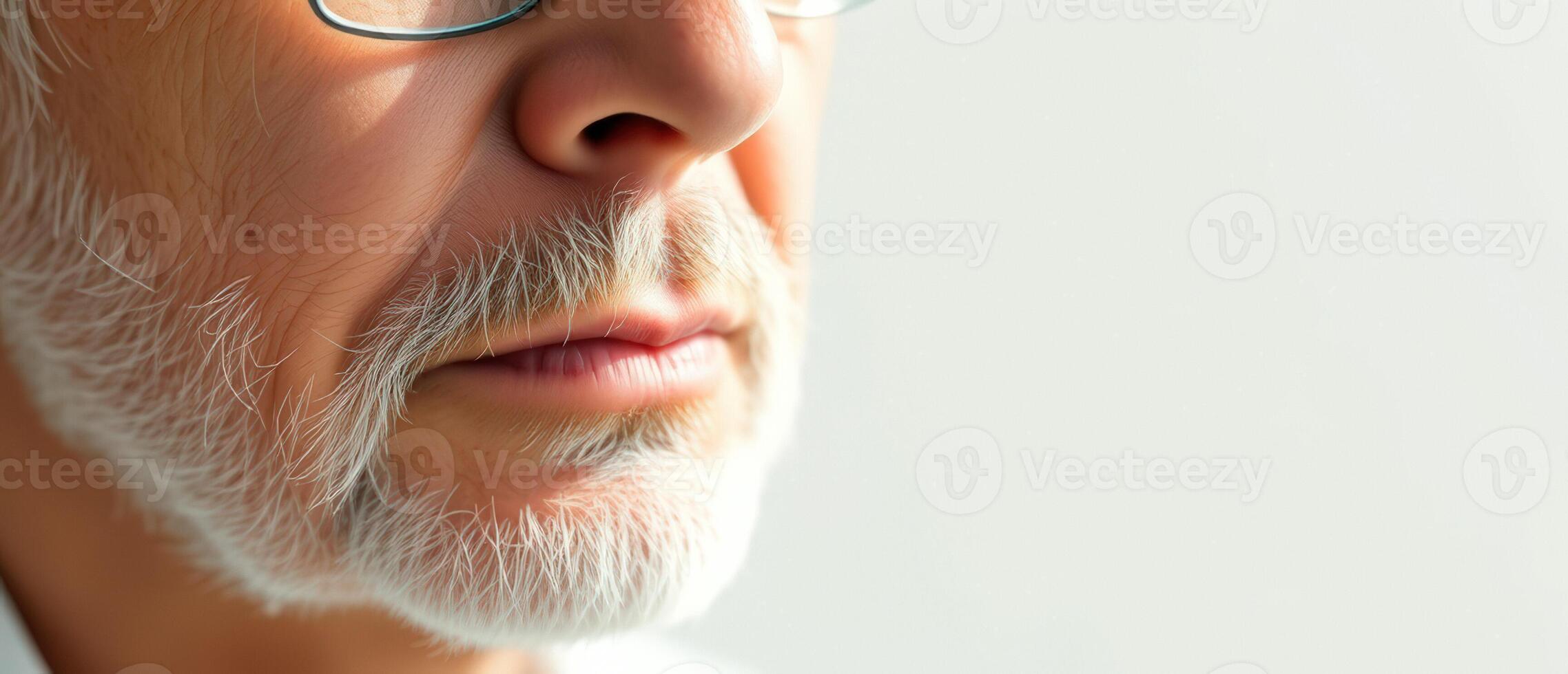 Close-up of a man's lower face, showing his white beard and mustache, with a soft focus on the background. photo
