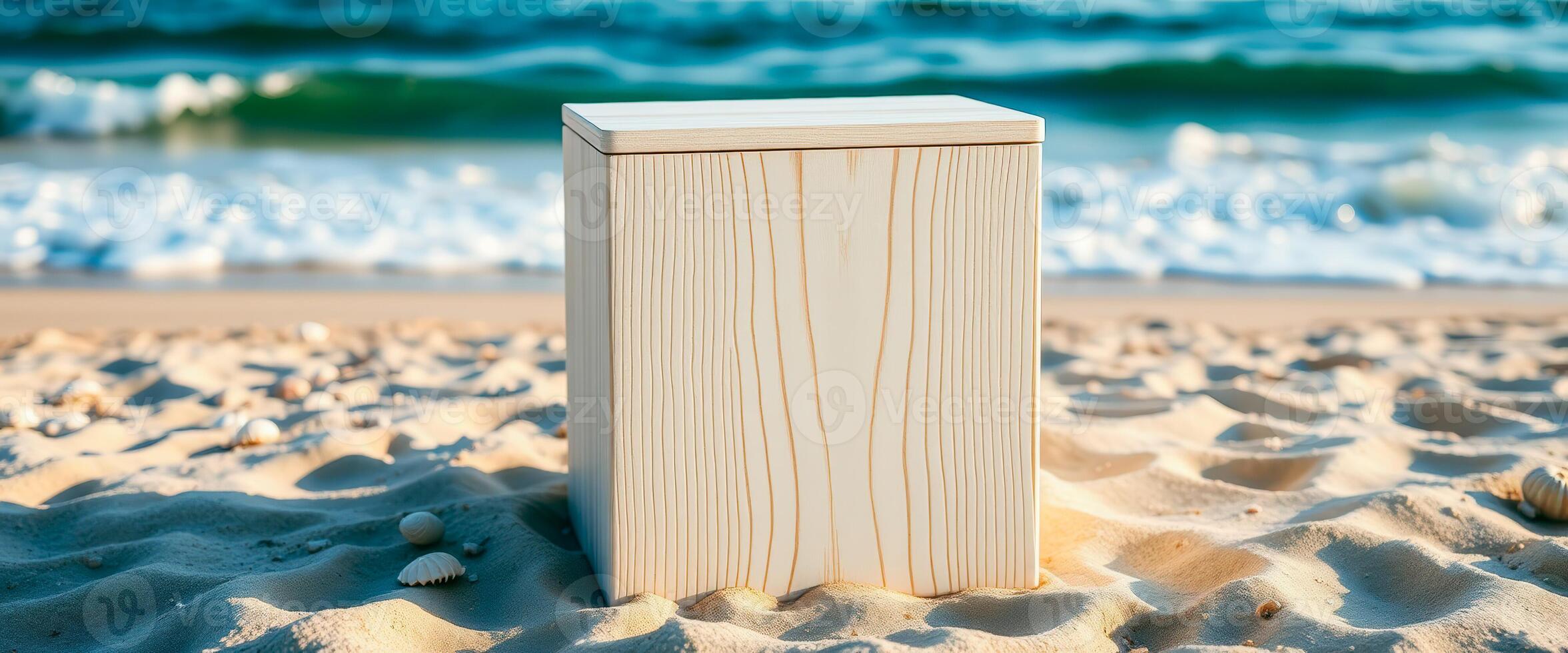 Wooden Box on Sandy Beach with Blurred Ocean Background photo