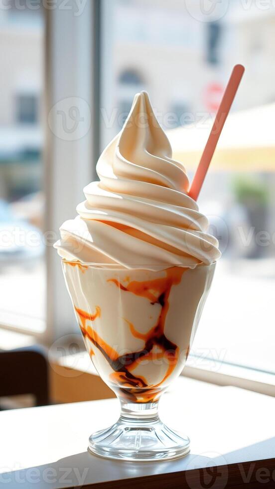 Close-up of a delicious ice cream sundae with a pink straw photo
