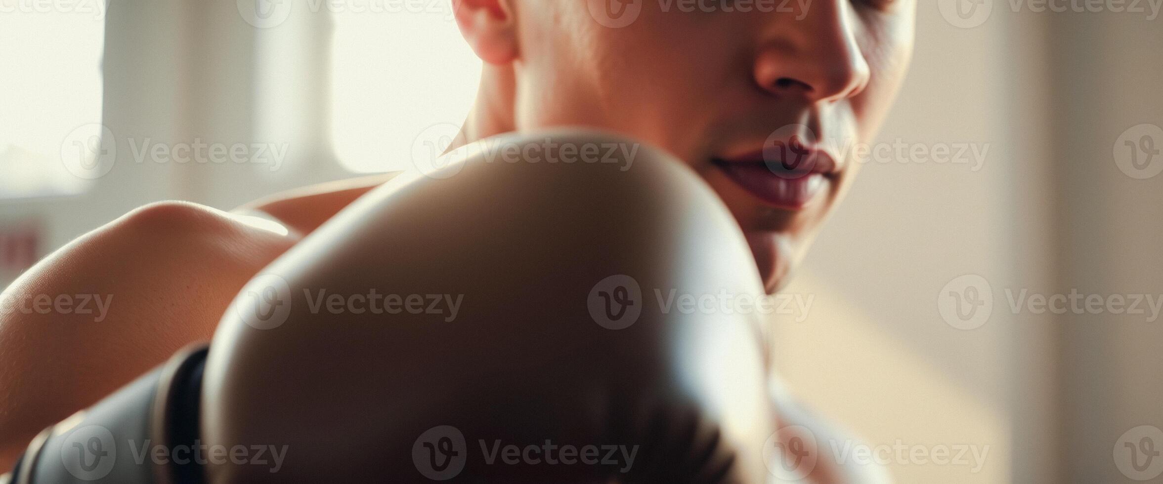 Close up of a boxer's face with a boxing glove photo