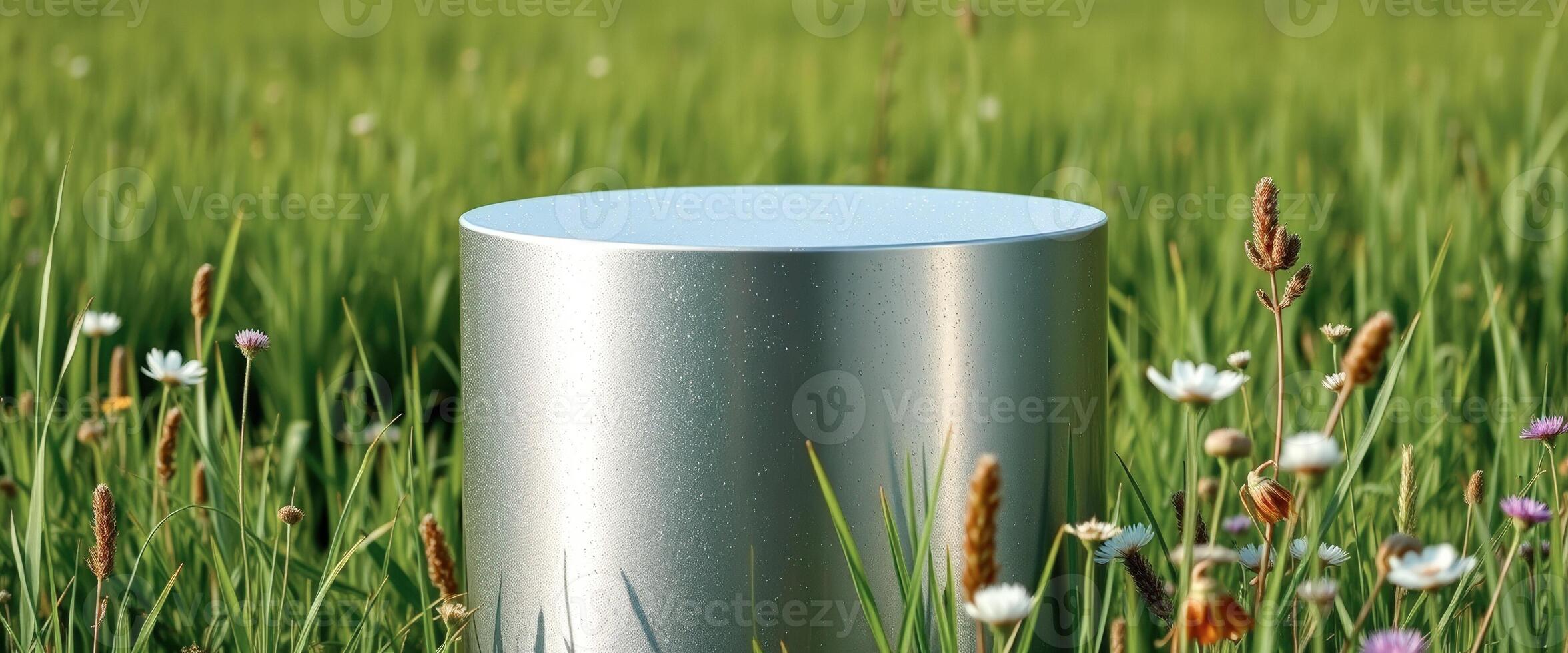 Silver Cylinder Product Display in a Field of Green Grass and Flowers photo