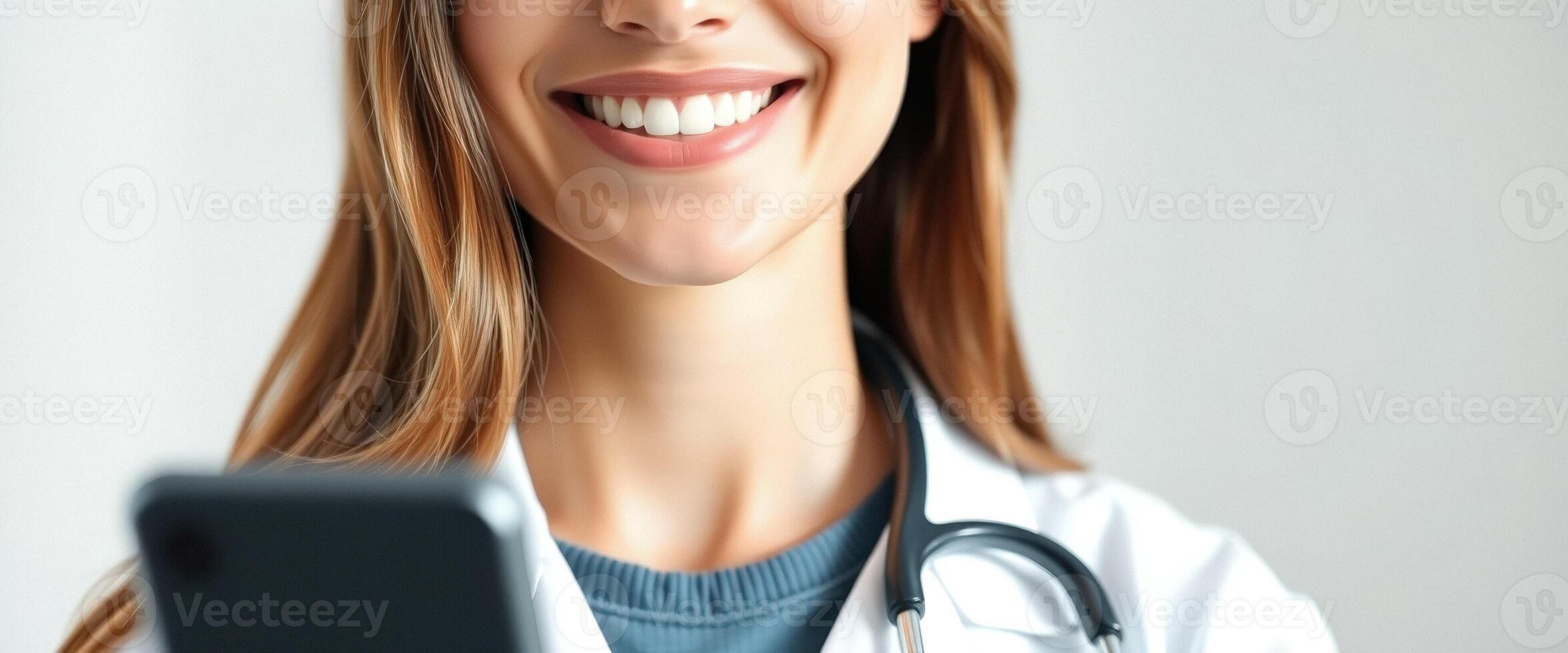 Close up of a Smiling Doctor Using a Smartphone photo