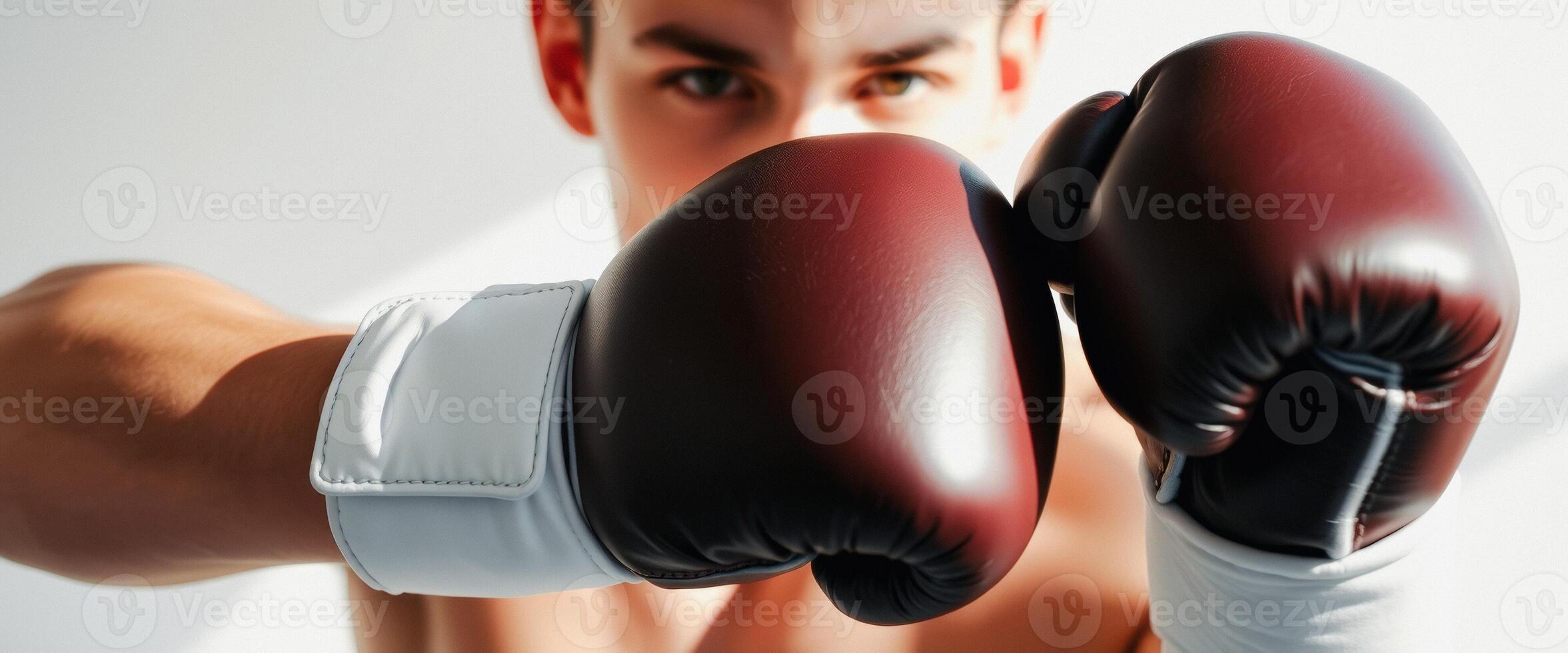 Closeup of a Young Boxer's Focused Eyes and Boxing Gloves photo