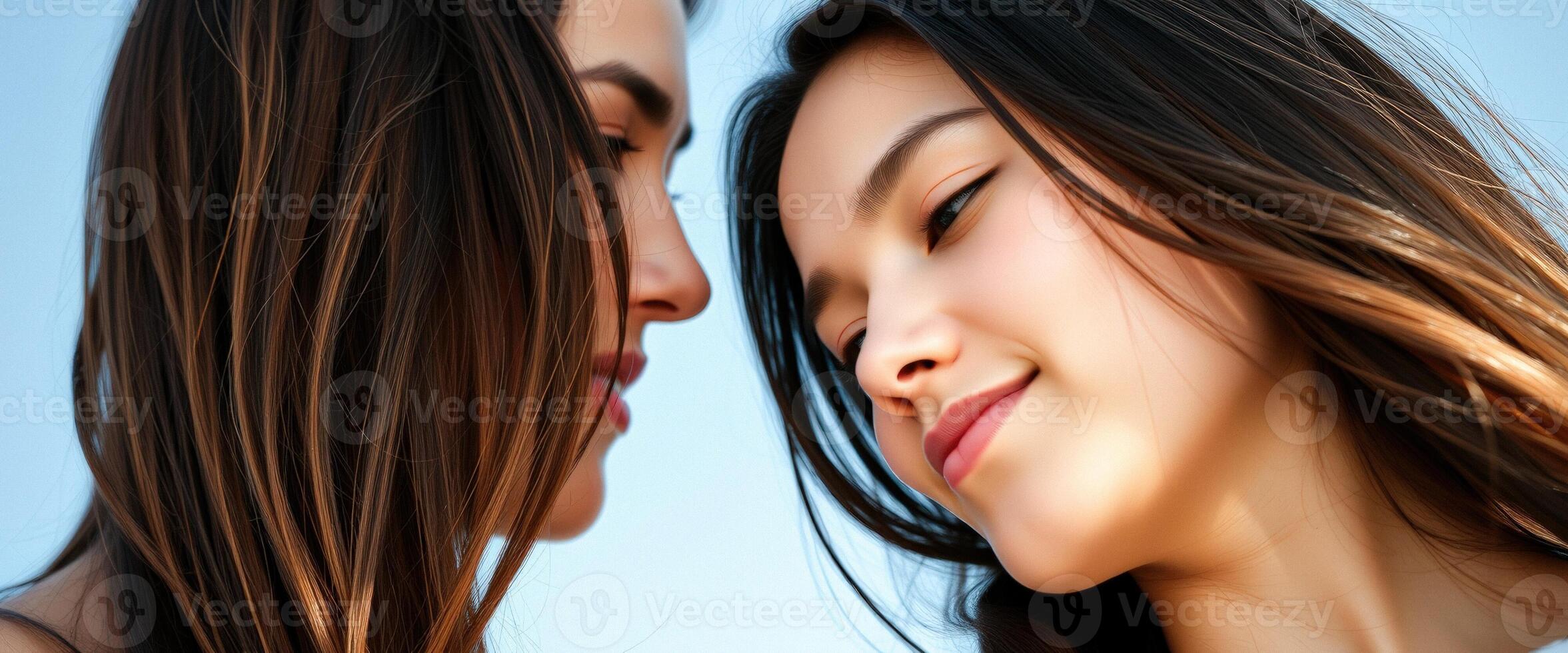 Close Up Portrait of Two Young Women Face to Face photo