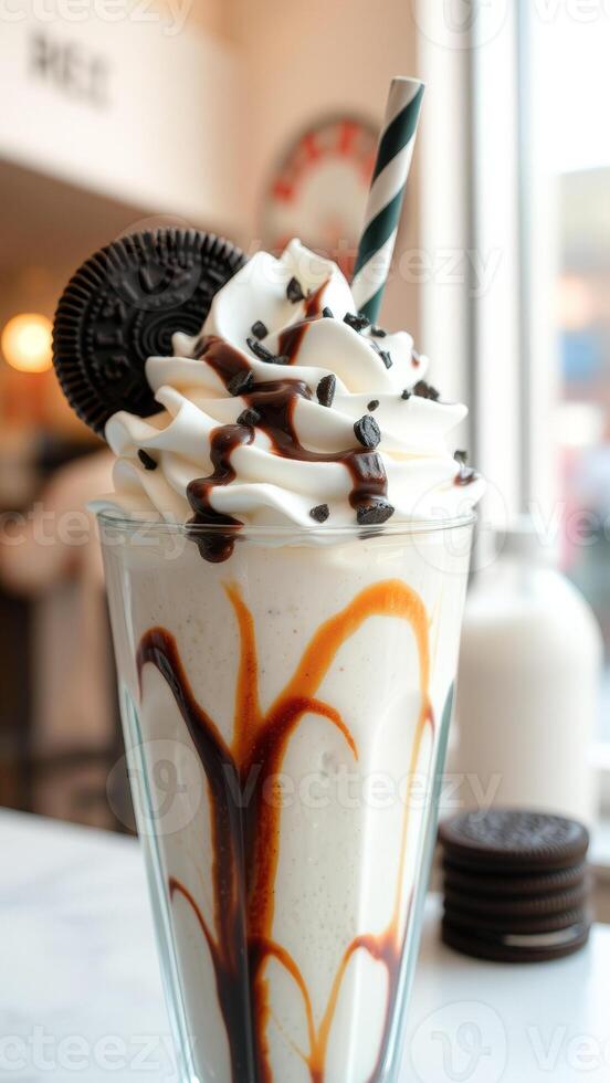 Chocolate and Caramel Milkshake with Whipped Cream and Oreo Cookie photo