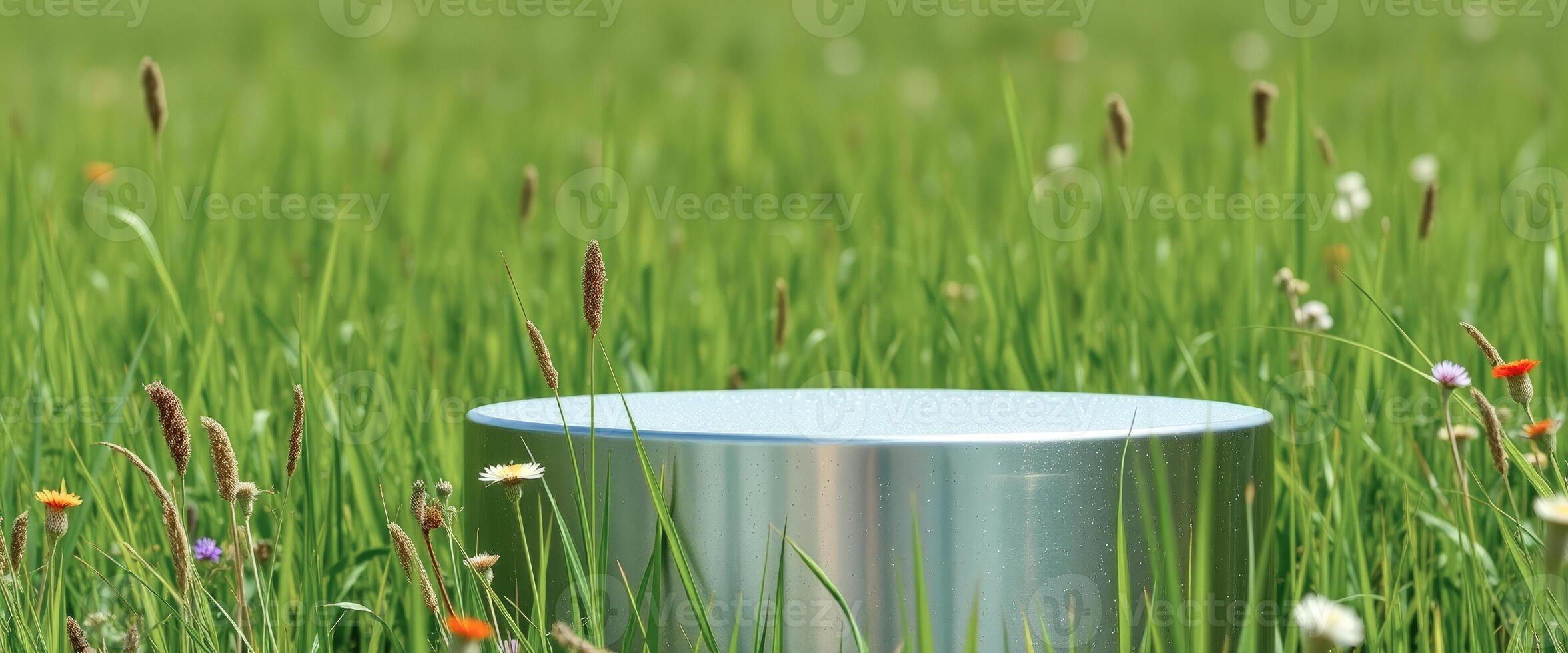 Metallic Cylinder in a Lush Green Field photo