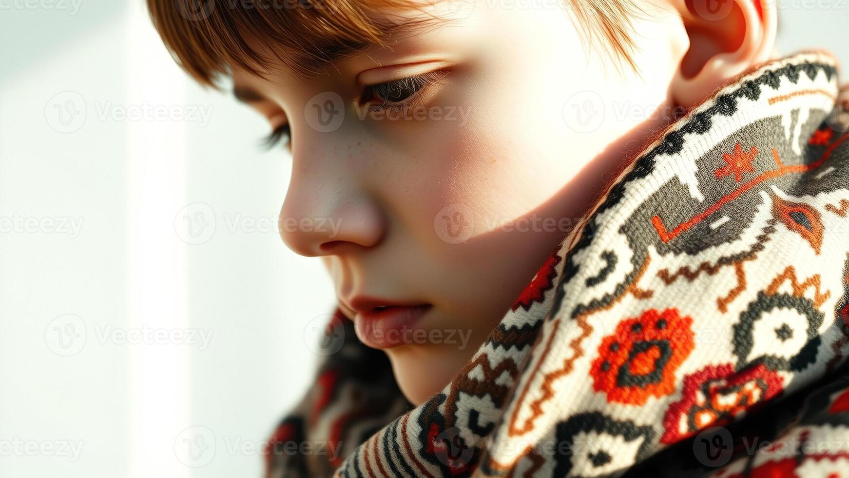 Closeup of a young boy's face, with a patterned scarf photo