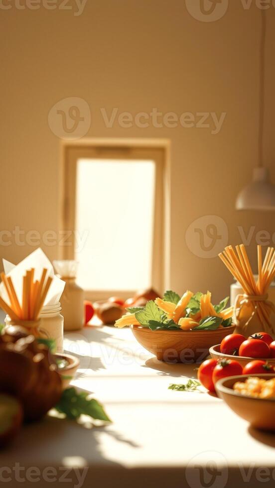 Sunlit Kitchen Table with Ingredients for a Delicious Meal photo