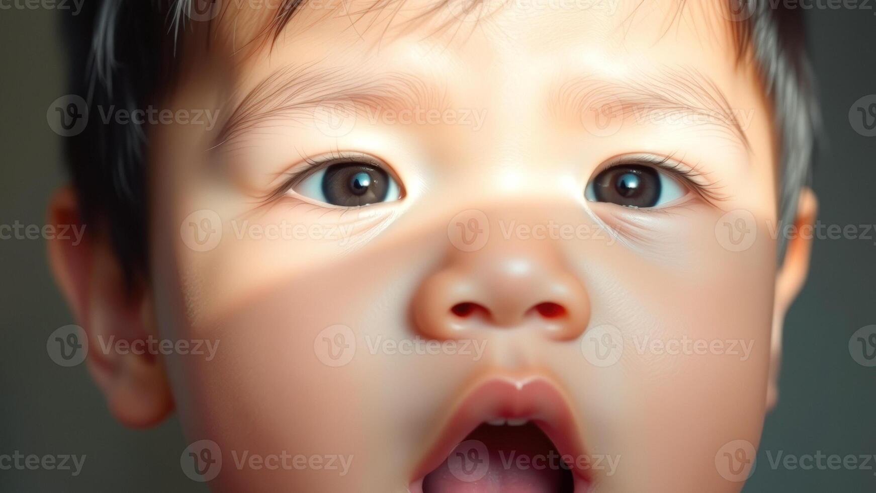 Close-up of a baby's face with open mouth photo
