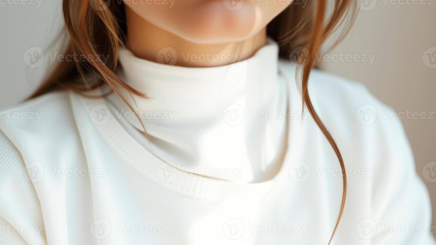 Closeup of a woman's neck and collarbone wearing a white turtleneck photo