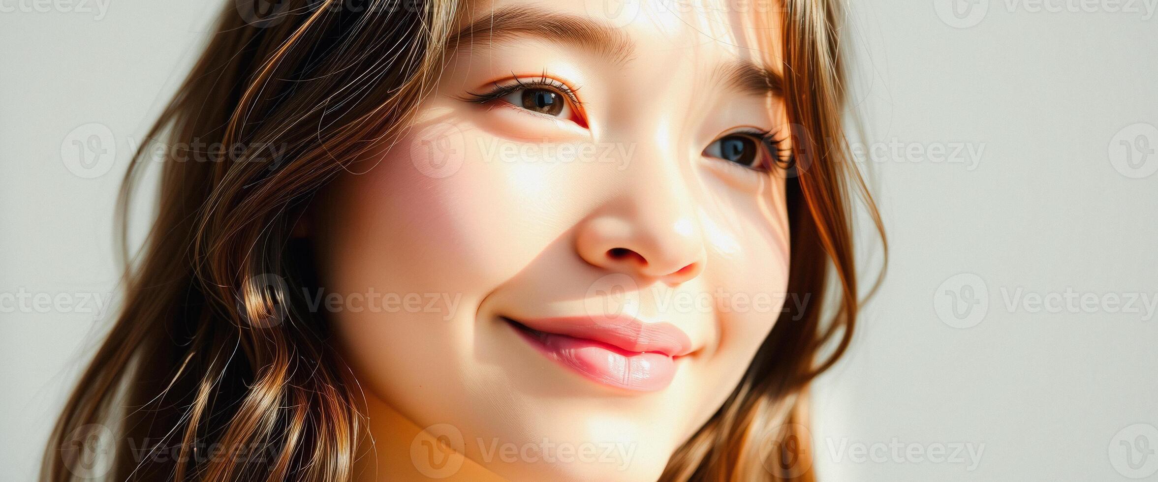 Close Up Portrait of a Young Woman with Long Brown Hair Smiling photo