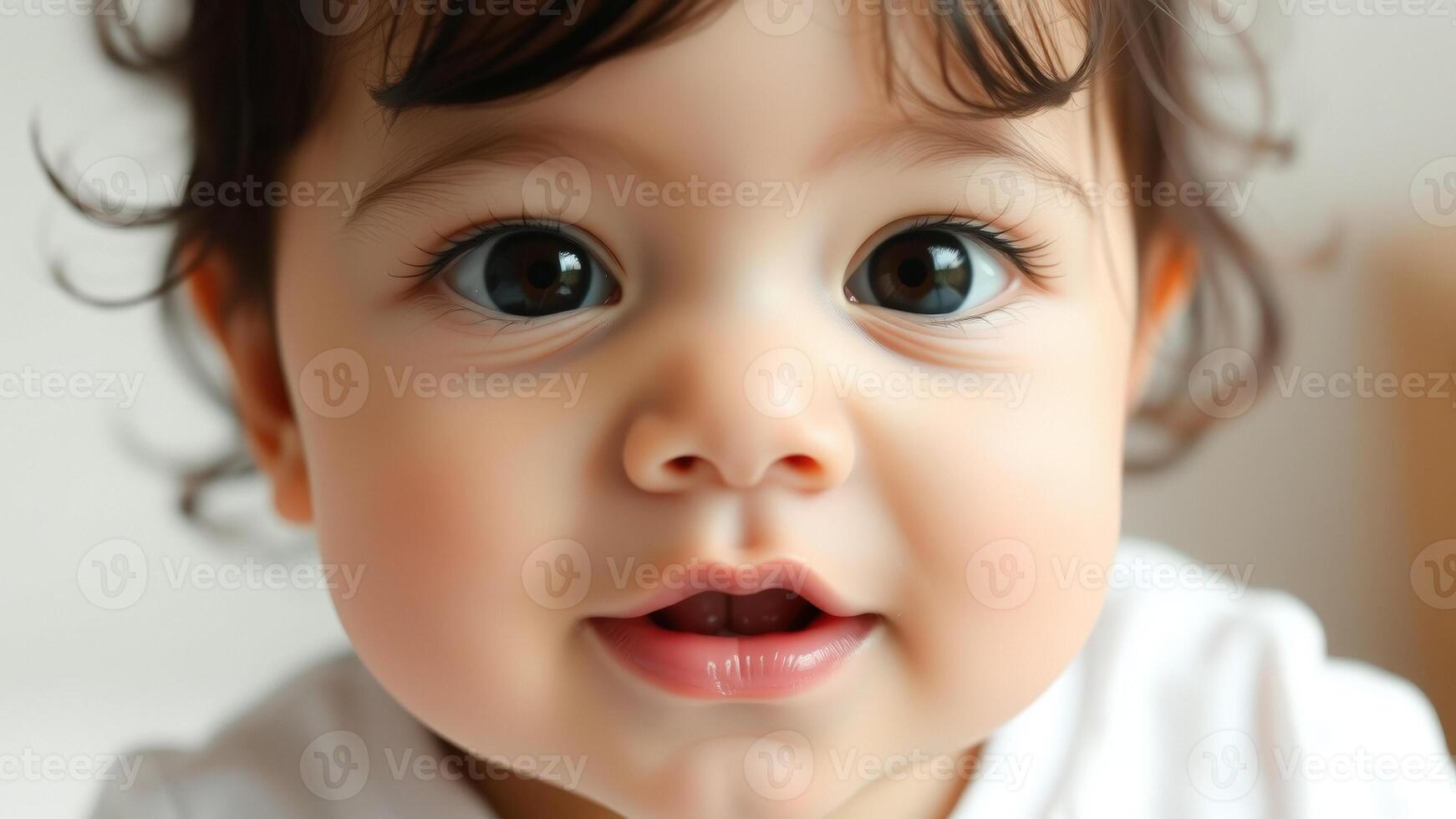 Close up portrait of a baby girl with big brown eyes photo