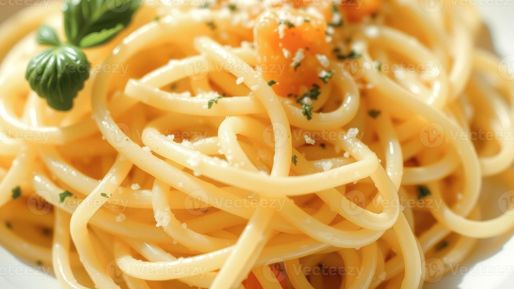 Closeup of Spaghetti with Basil and Parmesan Cheese photo
