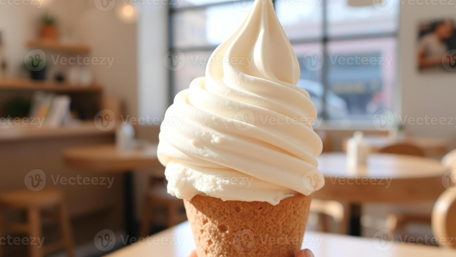 Close-up of a Vanilla Ice Cream Cone in a Cafe photo