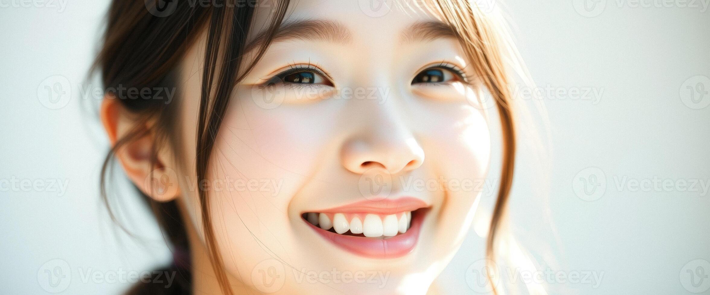 de cerca retrato de un sonriente mujer con brillante ojos y blanco dientes foto