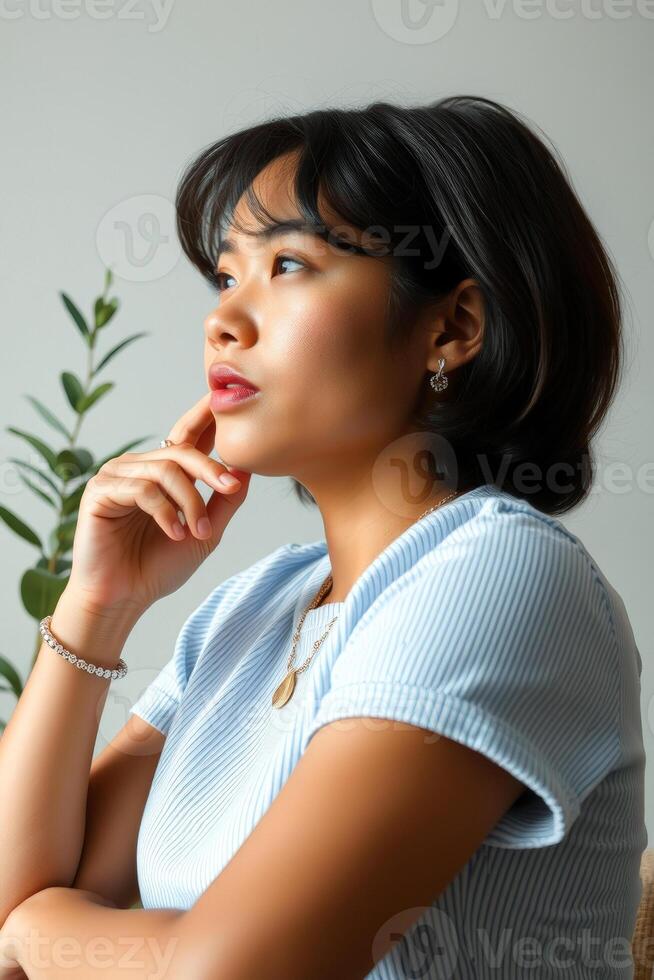 Thoughtful Woman in Striped Shirt photo