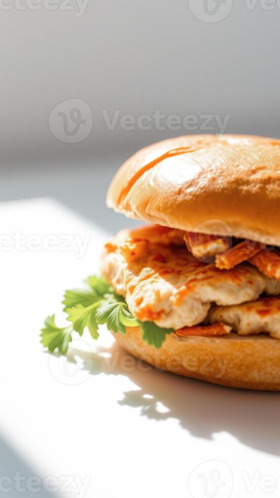 Close up of a chicken burger with greens on a white background photo
