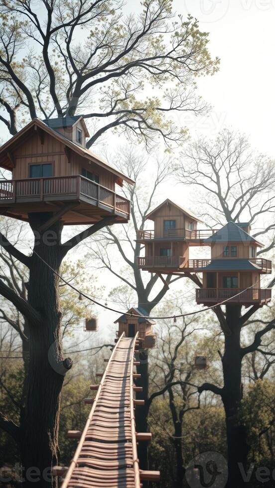 Wooden Tree Houses and Bridge in Forest photo