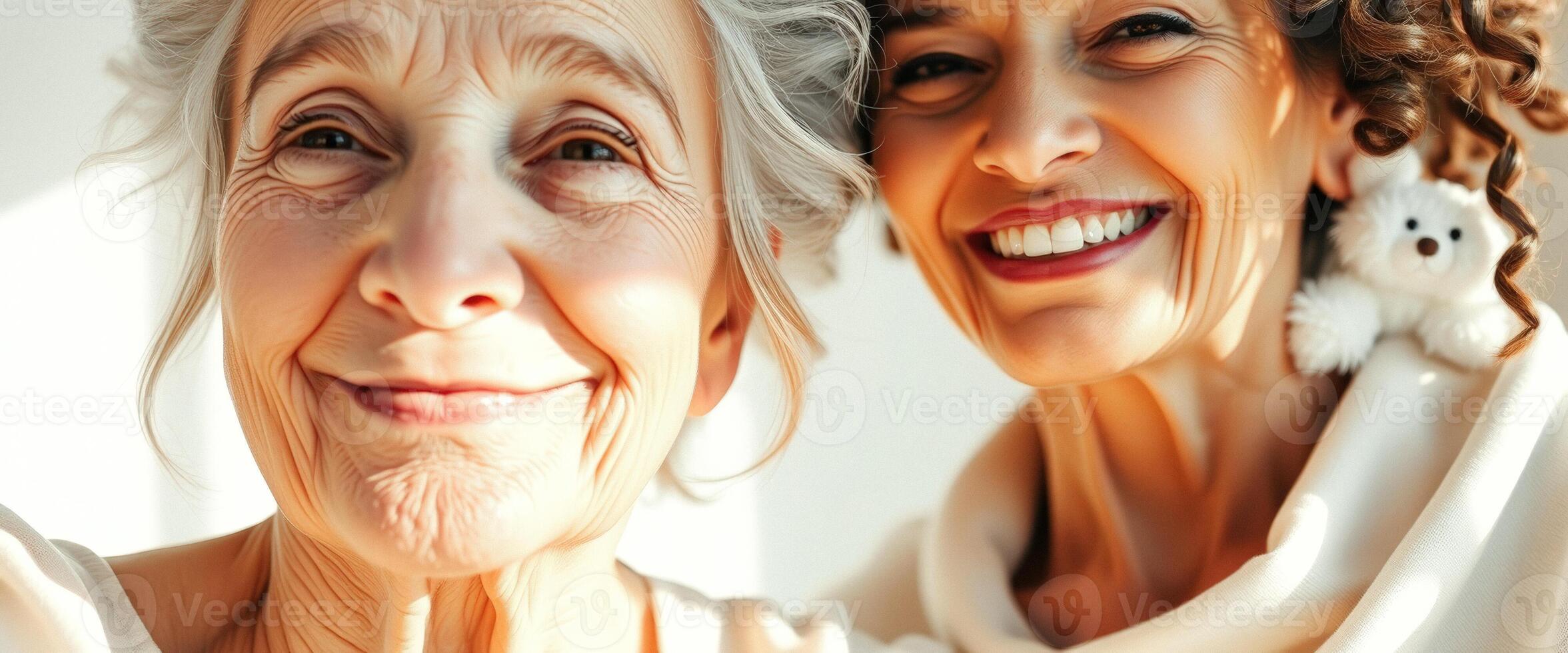 Close-up of a grandmother and her granddaughter smiling at each other photo