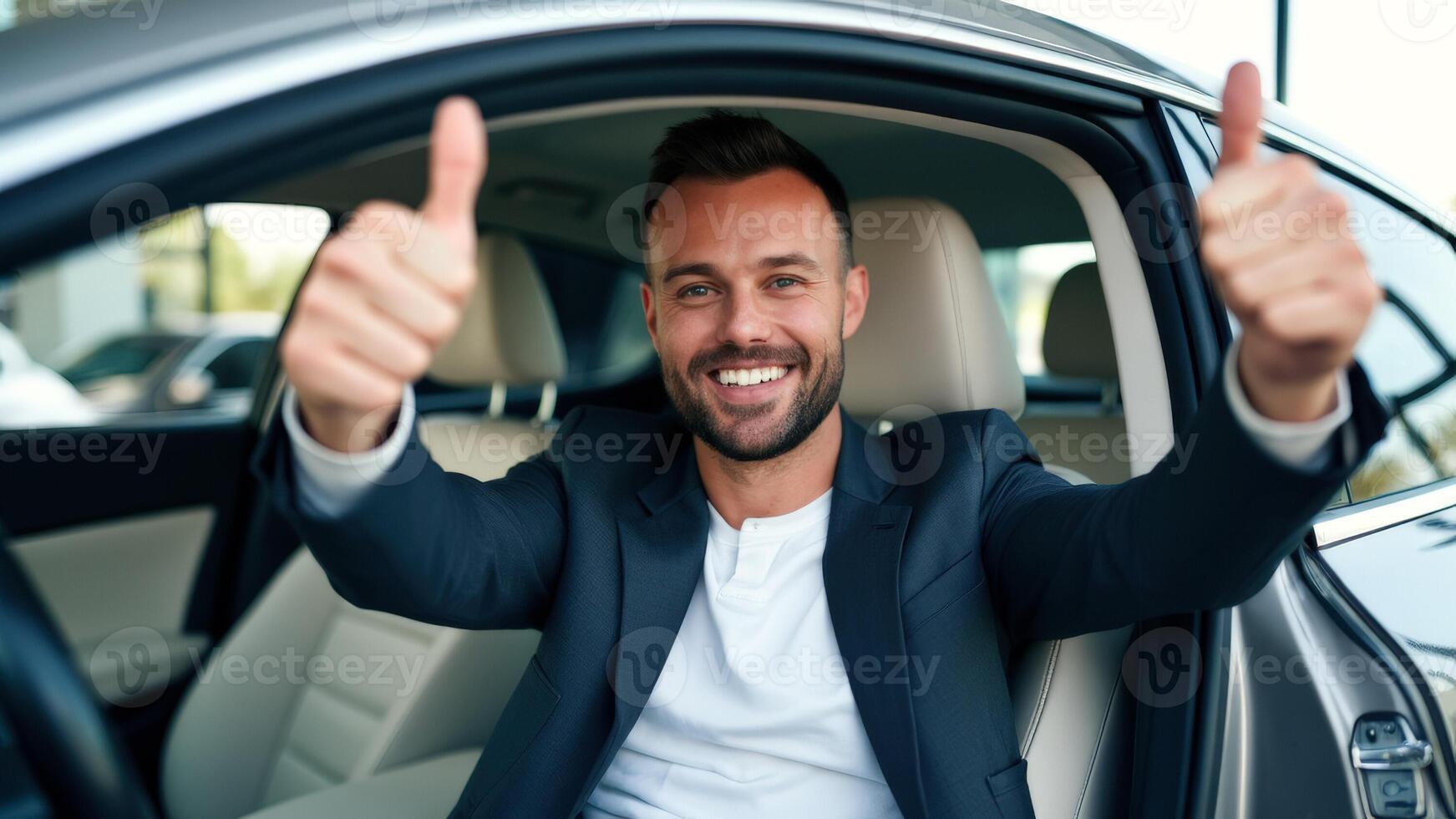 Happy man in a suit giving a thumbs up from a car photo
