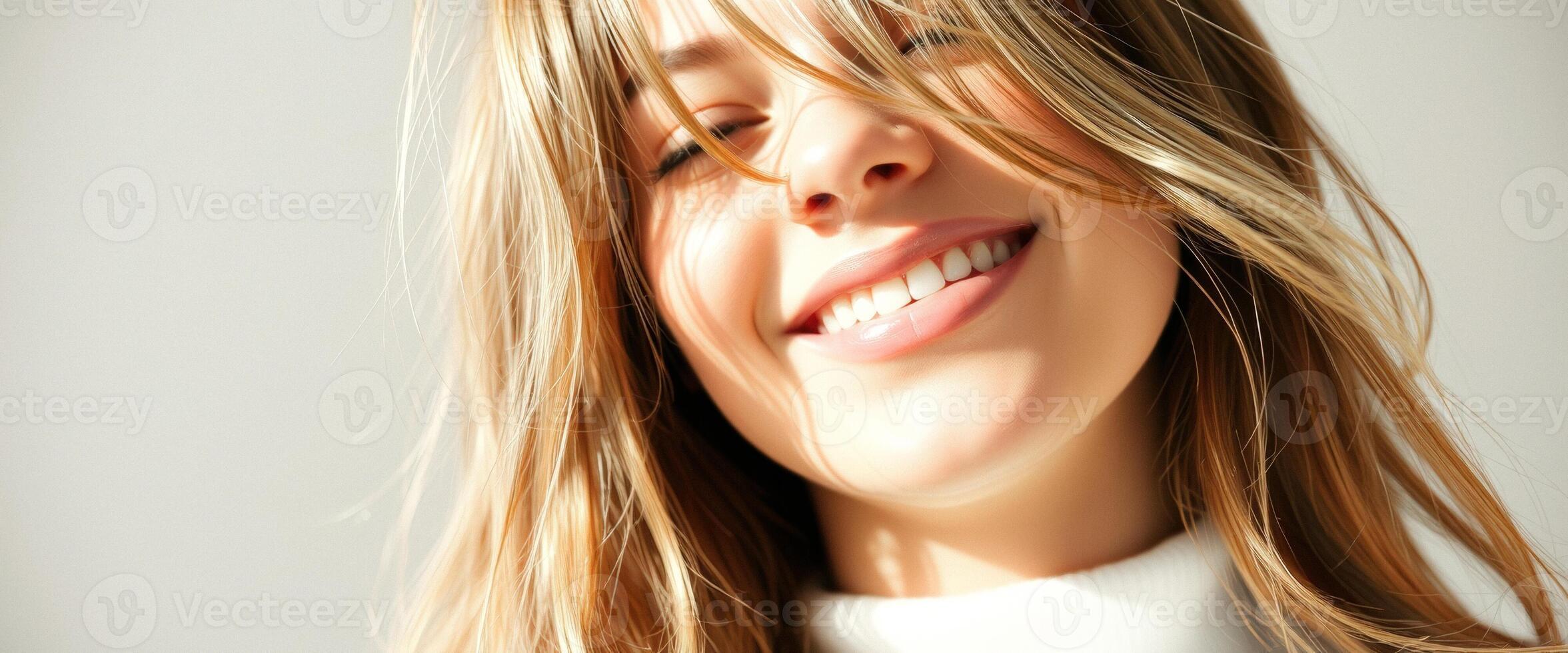 Blonde woman smiling with sunlight on her face photo