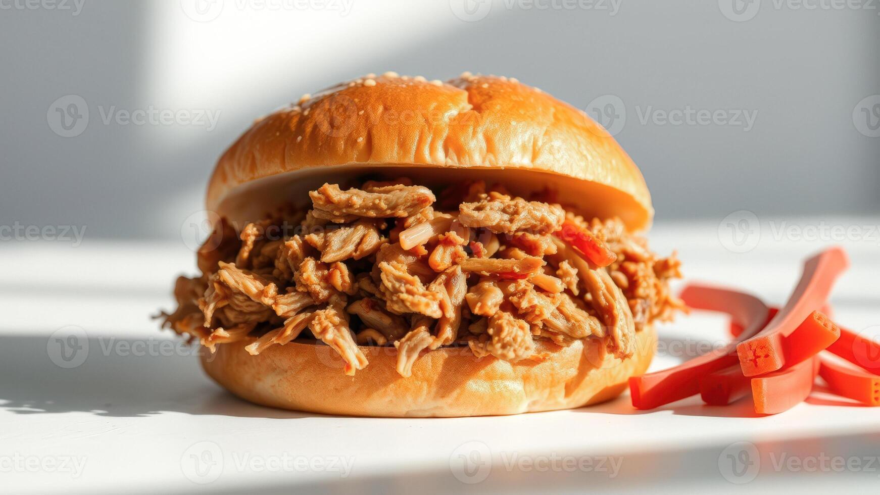 Close-up of a Pulled Pork Sandwich on a White Background photo