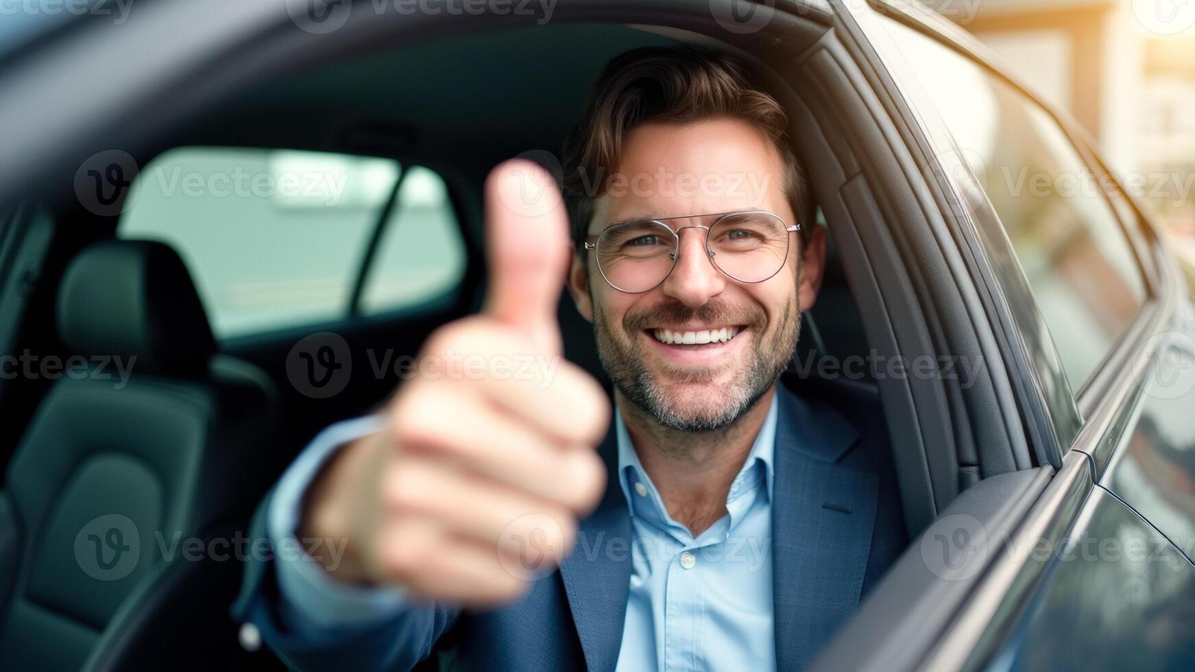 Happy man gives thumbs up from car window photo