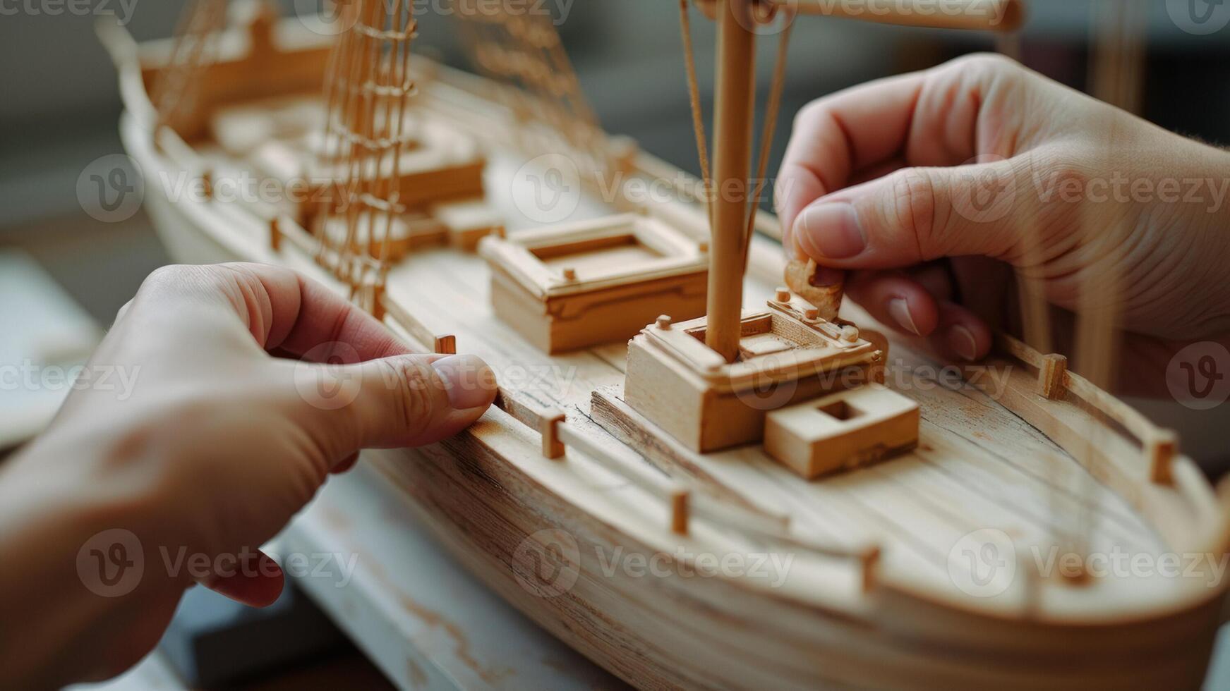 Closeup of Hands Assembling a Wooden Ship Model photo