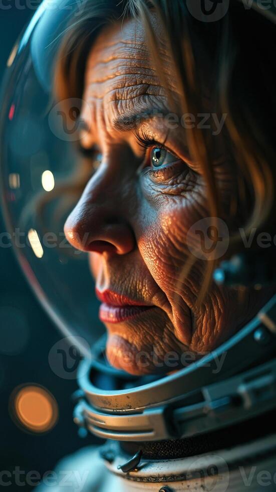 Close-up portrait of a female astronaut looking off-screen photo