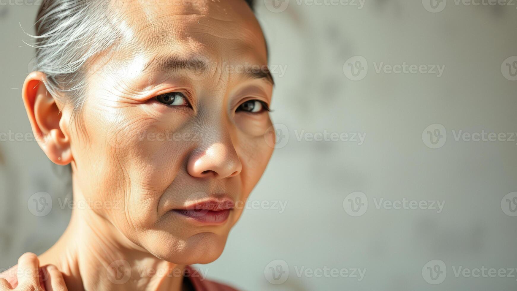 Close-up of a woman's face with wrinkles and a thoughtful expression photo