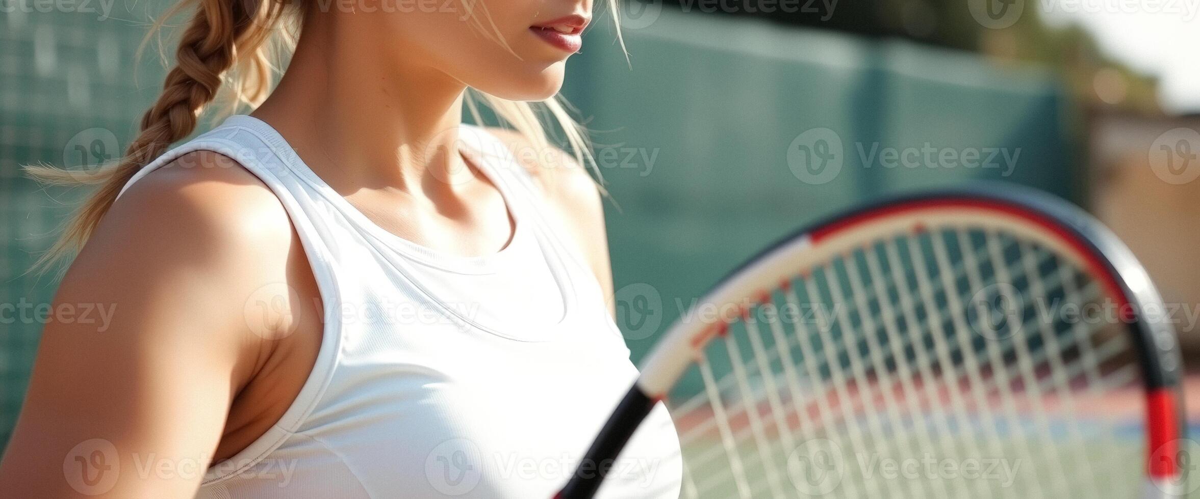 Close up of a woman's face and shoulder with a tennis racket in the background photo