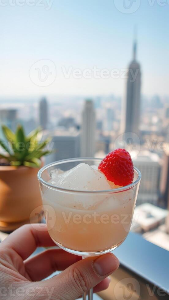 Refreshing Drink with Raspberry Garnish Against City Skyline photo
