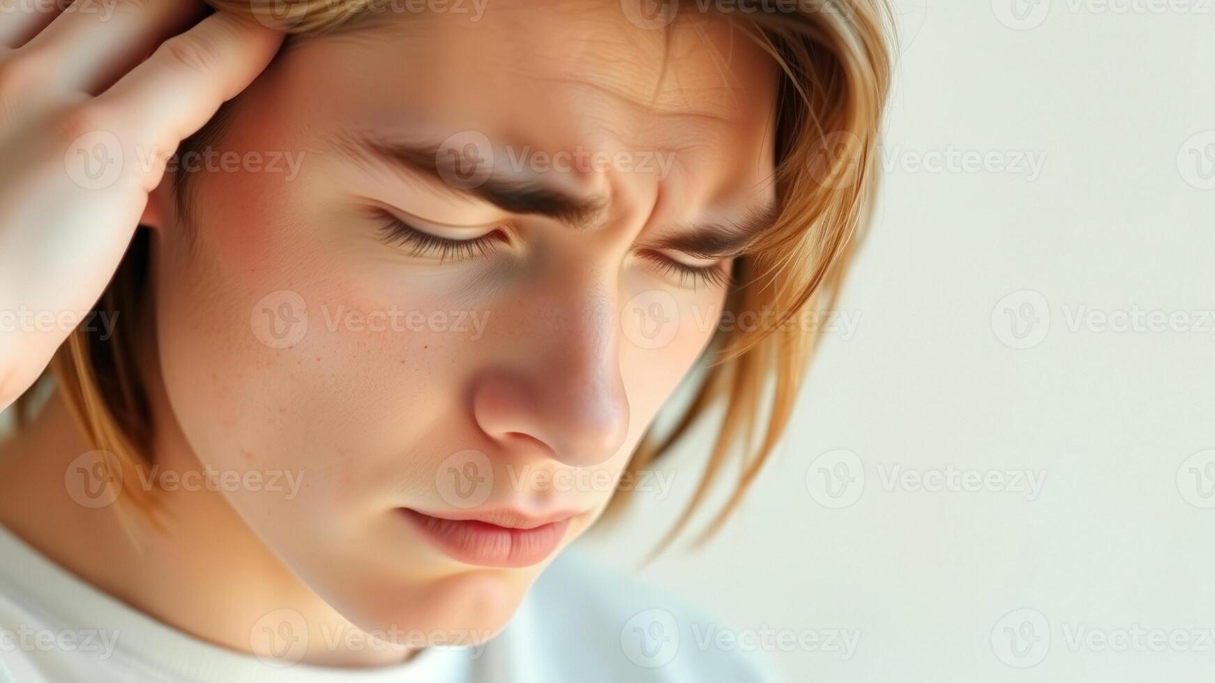 Closeup of a young man's face with a thoughtful expression. photo