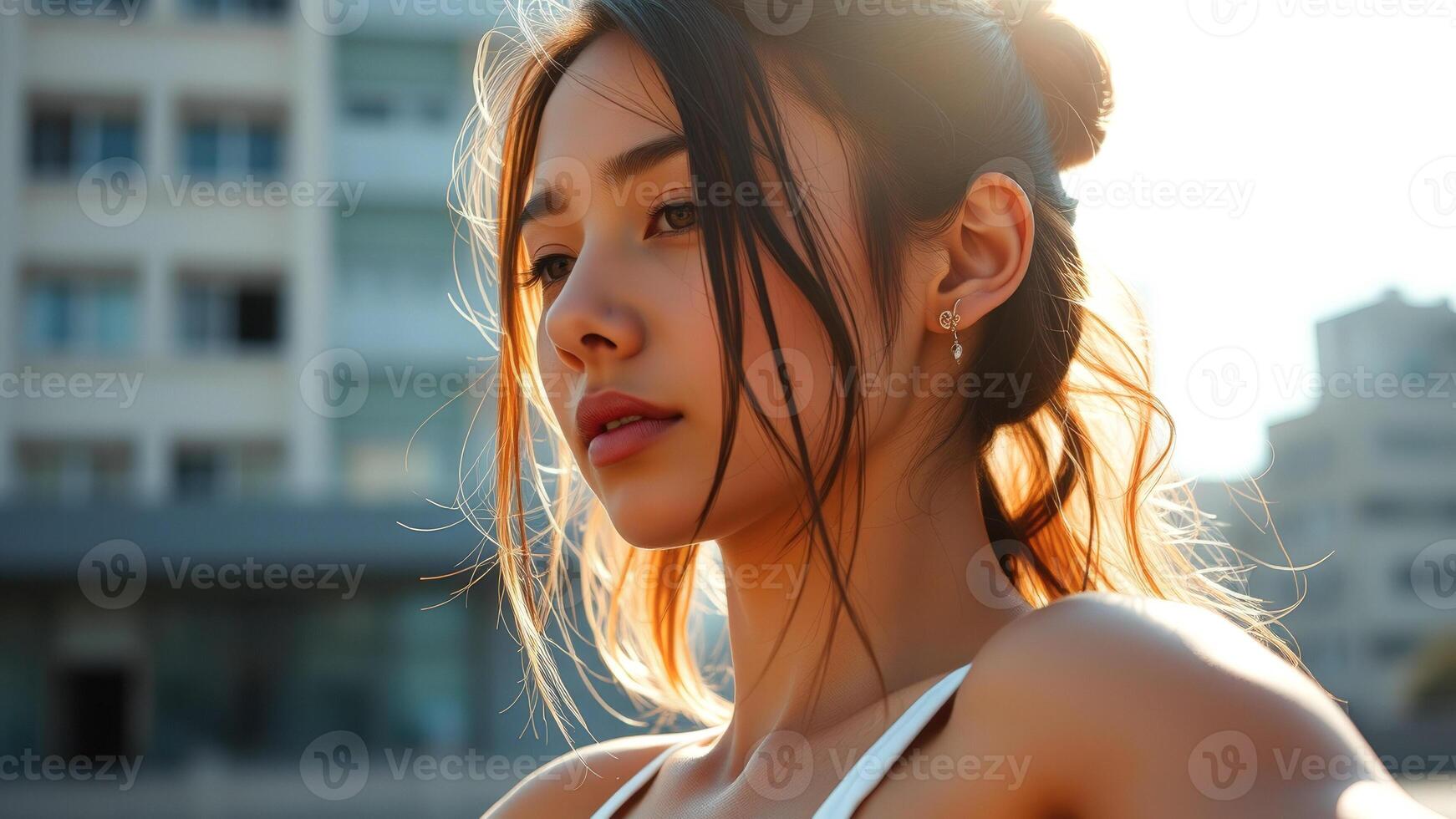 Portrait of a young woman with long hair looking away photo
