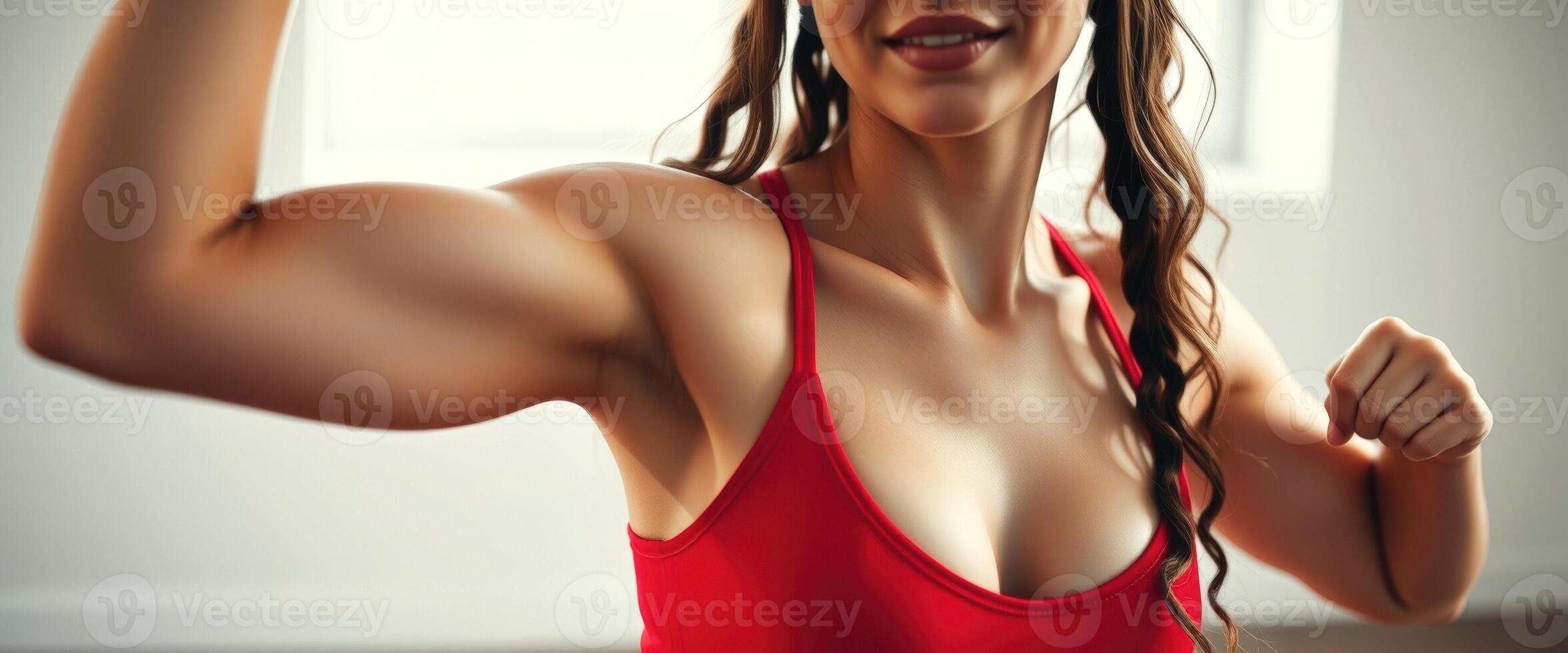 Woman in red sports bra flexing her bicep photo