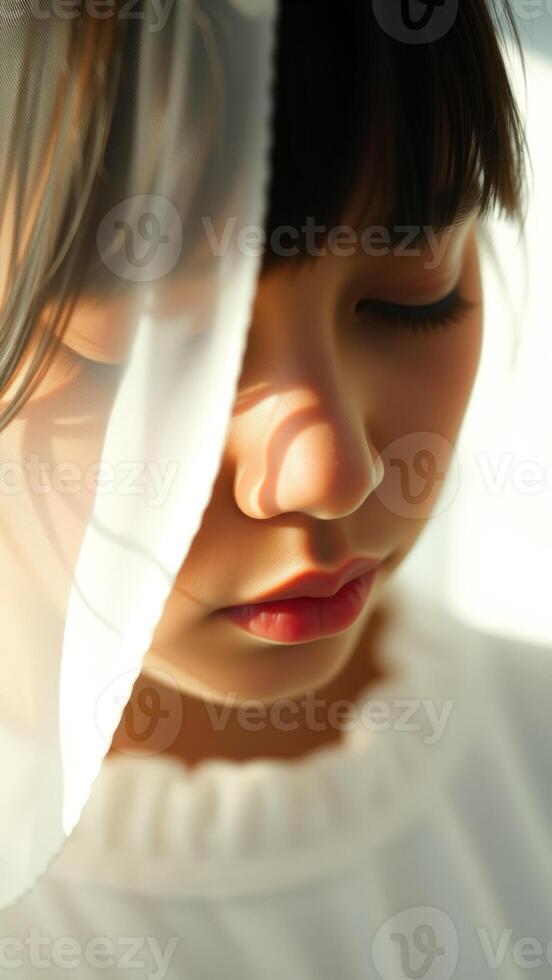 Closeup of a young girl's face with eyes closed and a white veil covering her head photo