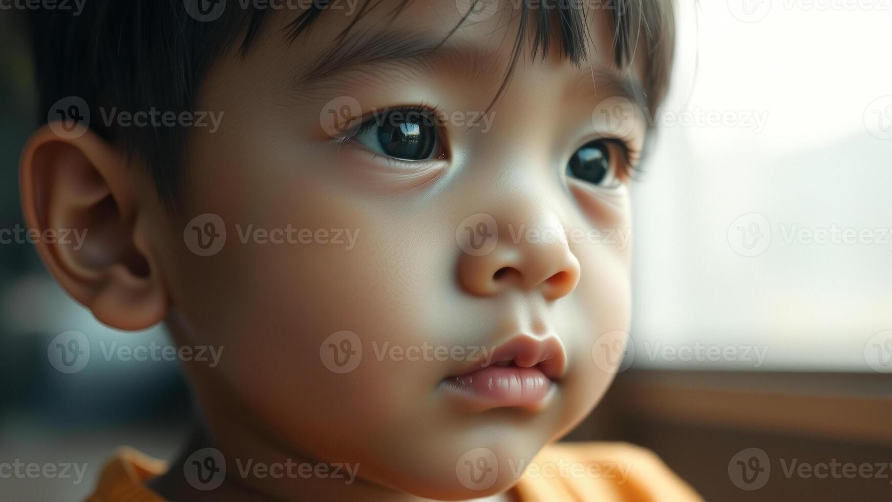Close-up of a Young Boy's Face with Curious Eyes photo