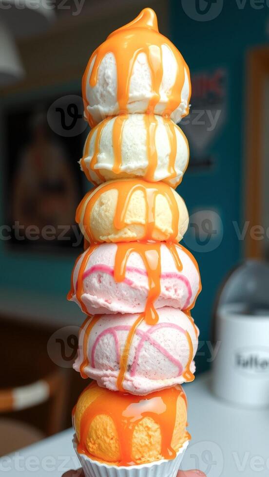 Stacked Ice Cream Cones With Drizzled Sauce photo