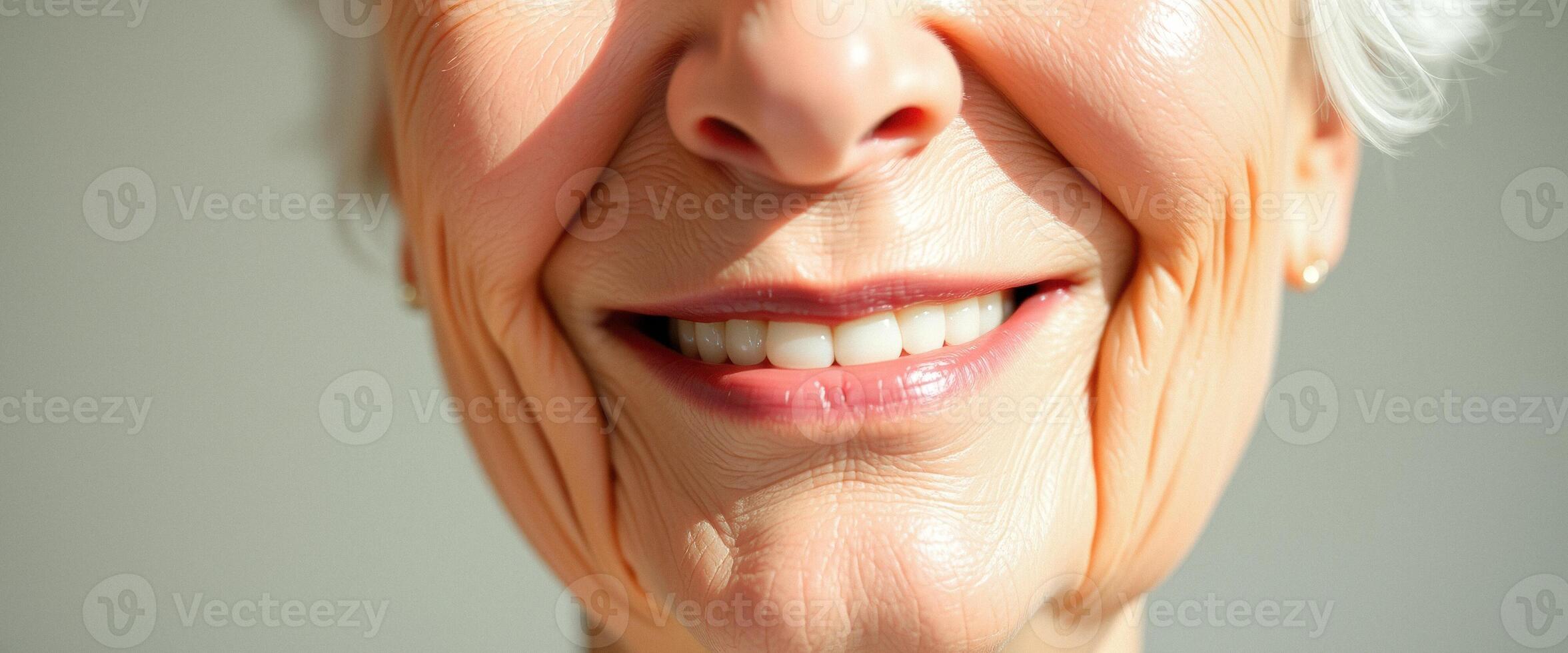 Close-up of a woman's smiling mouth with wrinkles photo