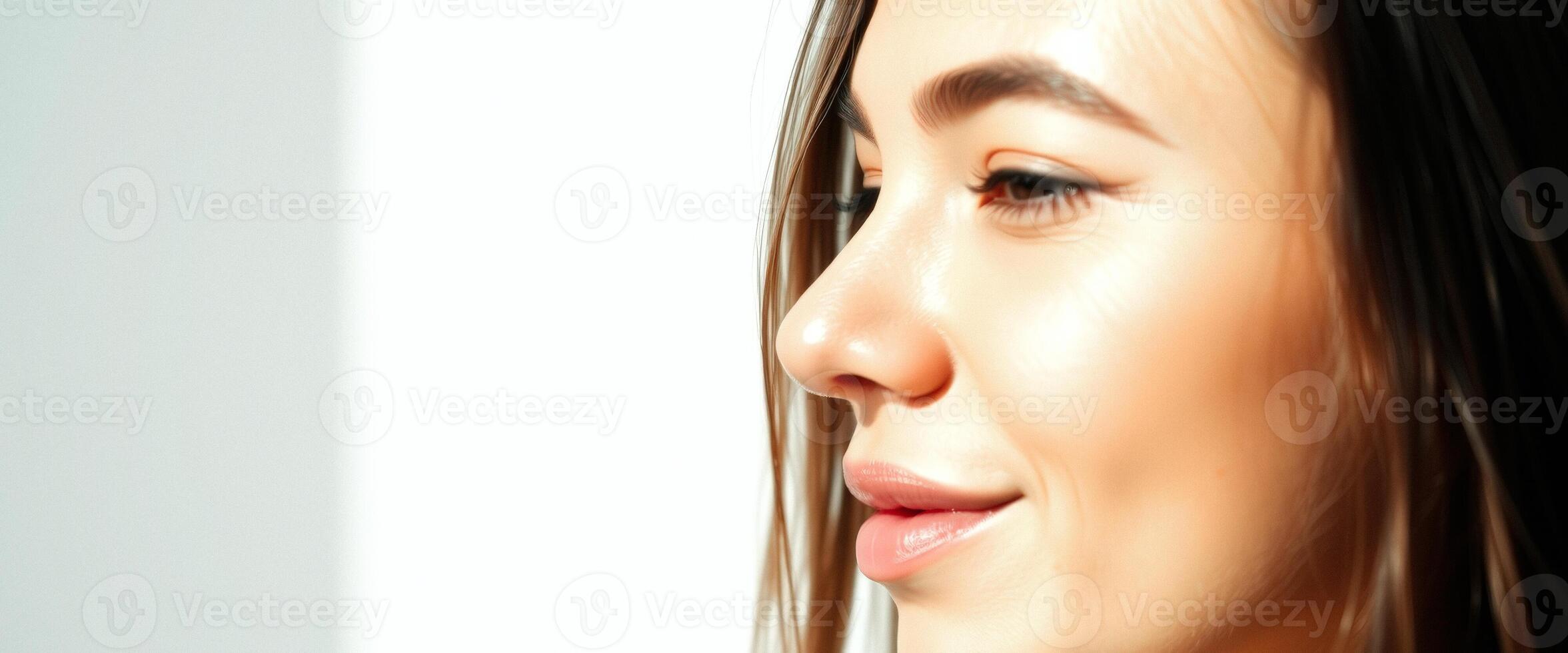 Close-up Portrait of Young Woman with Soft Makeup and Natural Lighting photo
