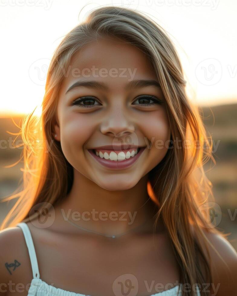Portrait of a Beautiful Young Woman Smiling at Sunset photo